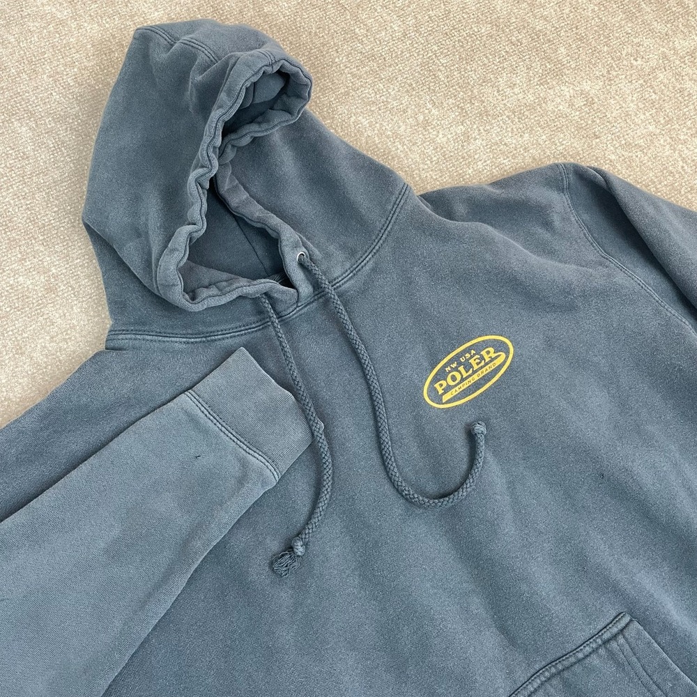 Poler Stuff Camp Vibes Hoodie Men's L Blue Fleece Lined Raglan Sleeve Drawstring